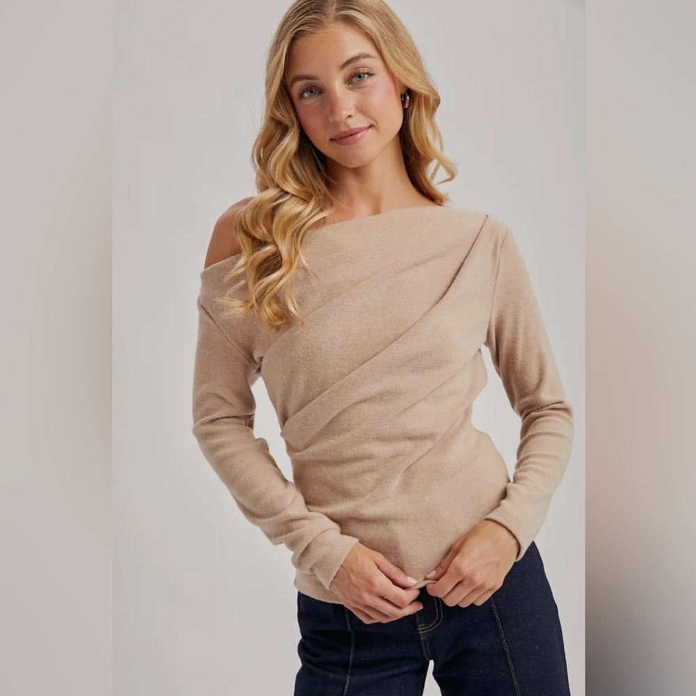 Off-the-Shoulder Draped Knit Sweater — Beige